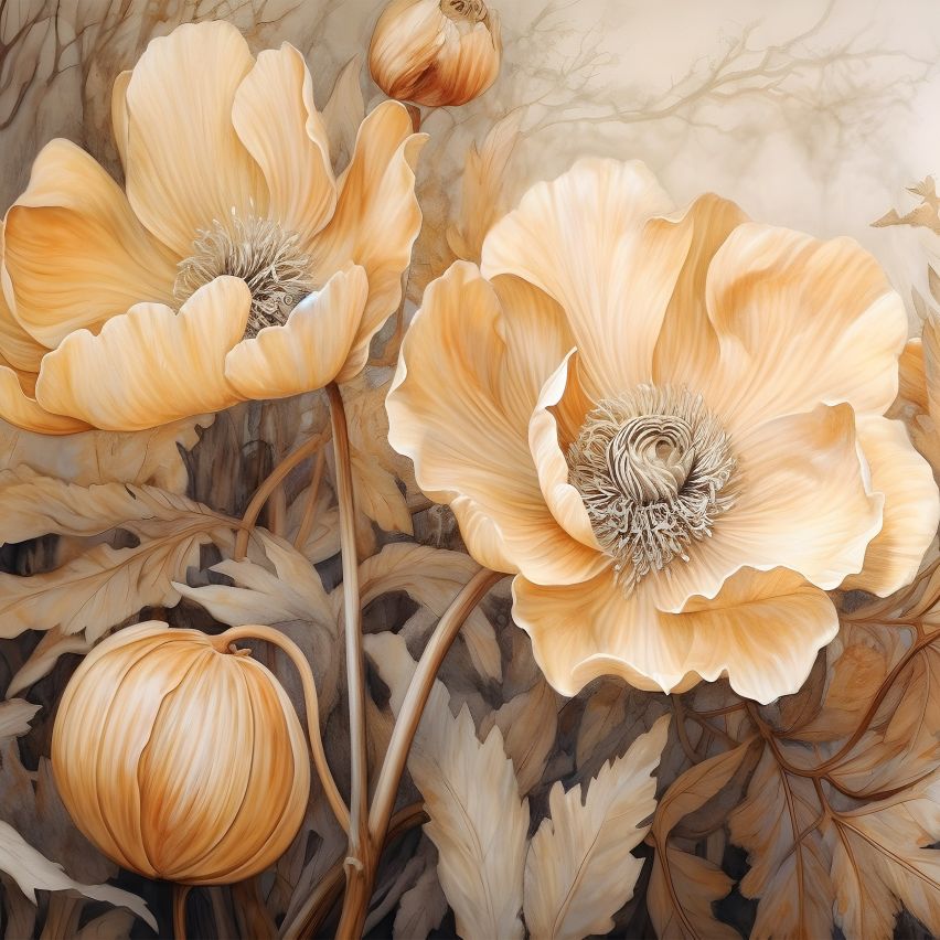 Fototapete BLUMEN-(C14730) - Vliestapete-Beige Blume Blätter XXL