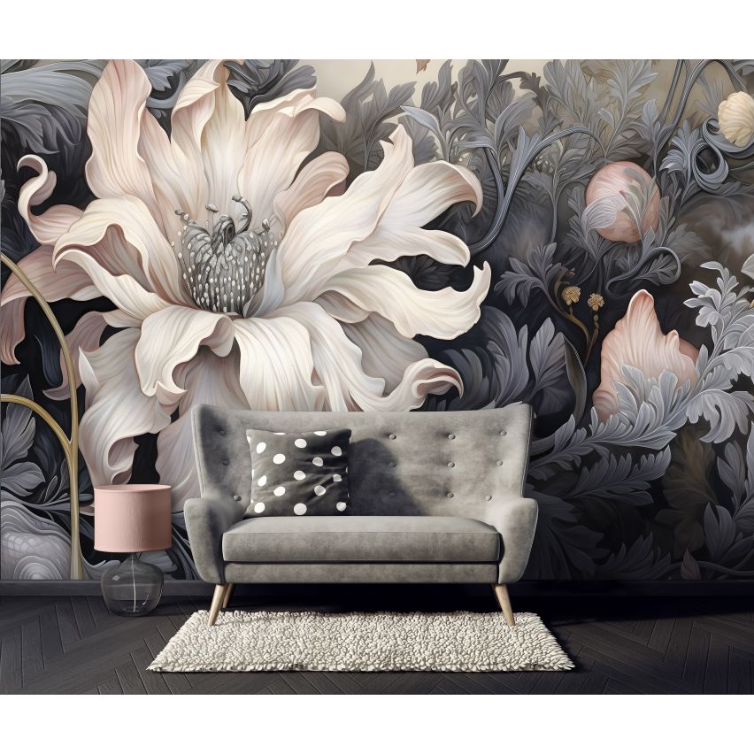 Fototapete BLUMEN-(C14732) - Vliestapete-Beige Grau Silber Blume Blätter XXL