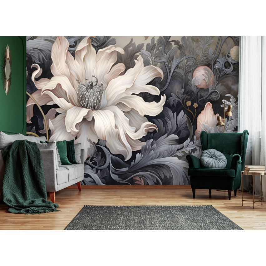 Fototapete BLUMEN-(C14732) - Vliestapete-Beige Grau Silber Blume Blätter XXL