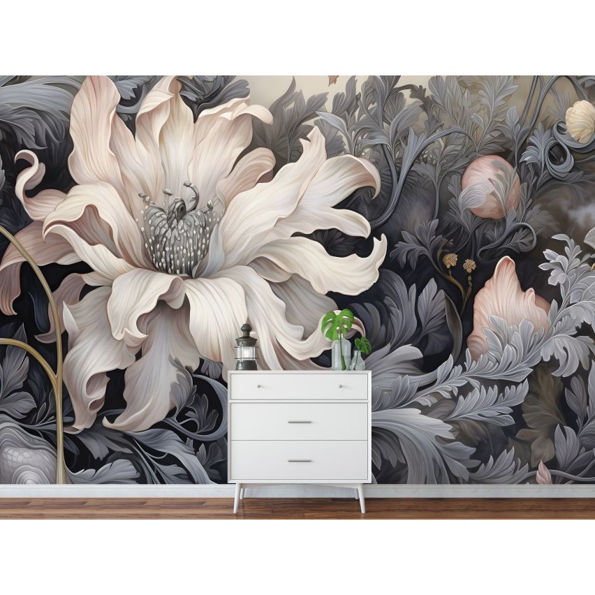 Fototapete BLUMEN-(C14732) - Vliestapete-Beige Grau Silber Blume Blätter XXL
