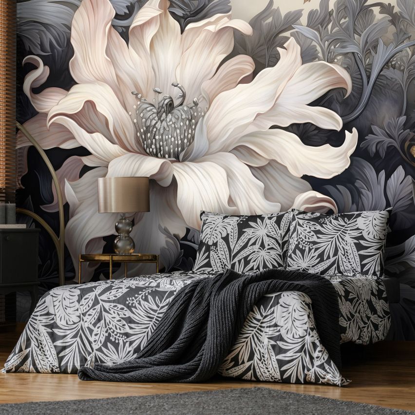 Fototapete BLUMEN-(C14732) - Vliestapete-Beige Grau Silber Blume Blätter XXL