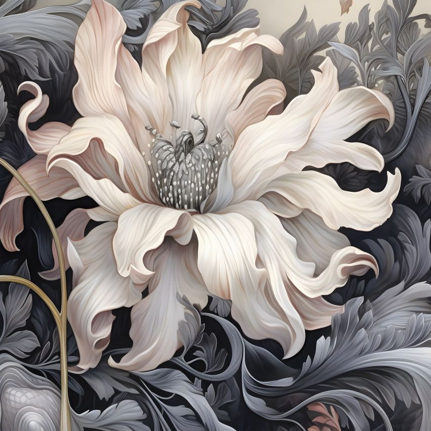 Fototapete BLUMEN-(C14732) - Vliestapete-Beige Grau Silber Blume Blätter XXL