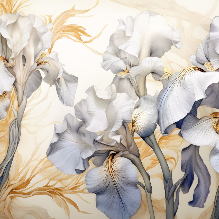 Fototapete BLUMEN-(C14734) - Vliestapete-Beige Grau Silber Gelb Blume Blätter XXL