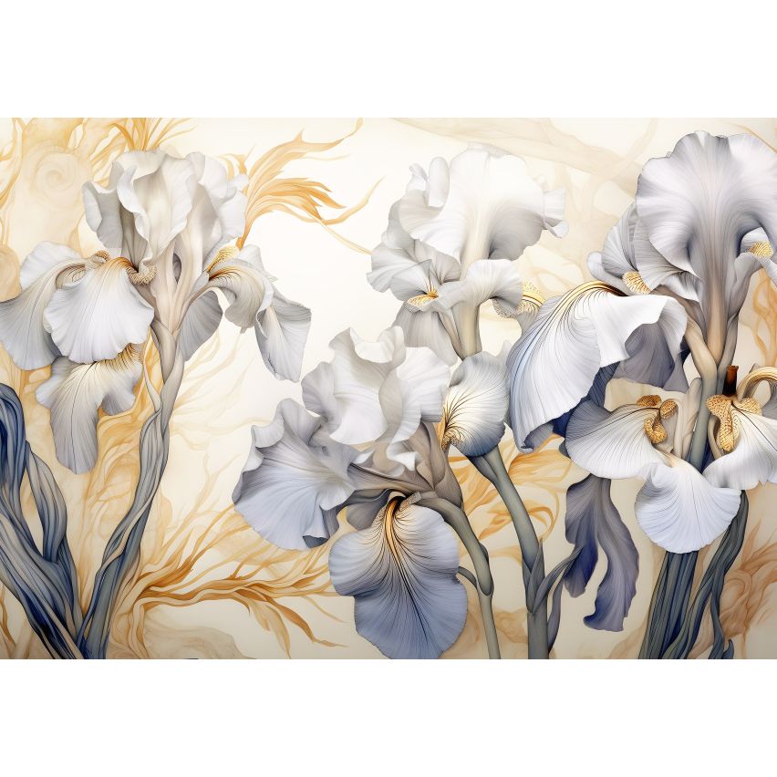 Fototapete BLUMEN-(C14734) - Vliestapete-Beige Grau Silber Gelb Blume Blätter XXL
