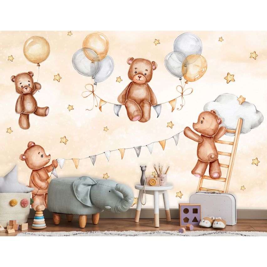 Fototapete-VLIES-LUFTBALLON BÄREN-(C14796)-Tapete-Nach-Mass-Kinder Spielzimmer XXL