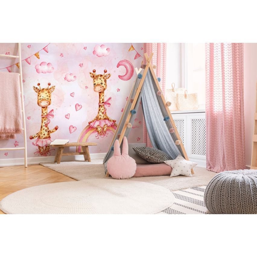 Fototapete-VLIES-GIRAFFEN IN ROSA-(C14797)-Tapete-Nach-Maß-Kind Schlafzimmer Spielzimmer XXL