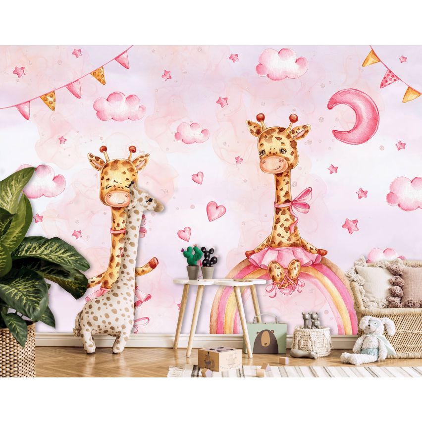 Fototapete-VLIES-GIRAFFEN IN ROSA-(C14797)-Tapete-Nach-Maß-Kind Schlafzimmer Spielzimmer XXL