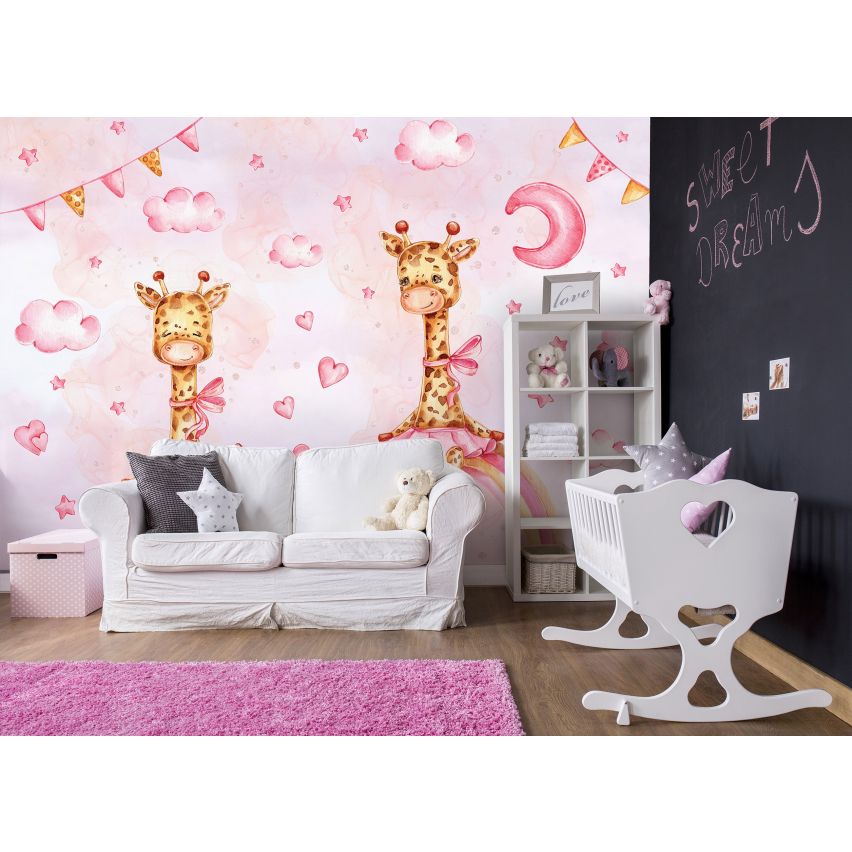 Fototapete-VLIES-GIRAFFEN IN ROSA-(C14797)-Tapete-Nach-Maß-Kind Schlafzimmer Spielzimmer XXL