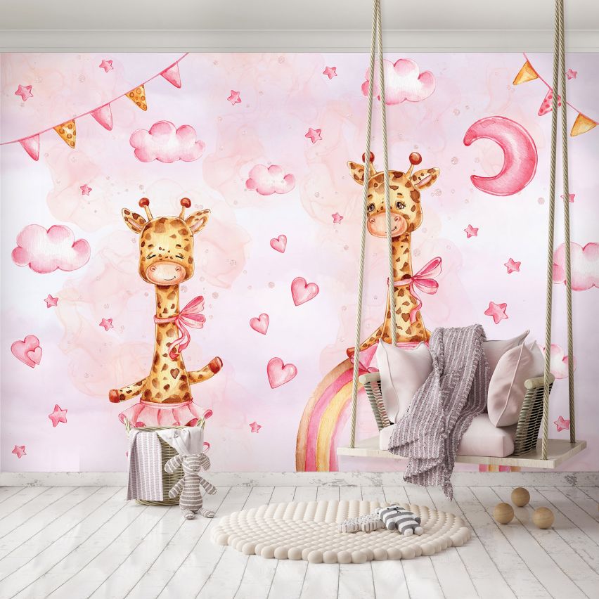 Fototapete-VLIES-GIRAFFEN IN ROSA-(C14797)-Tapete-Nach-Maß-Kind Schlafzimmer Spielzimmer XXL