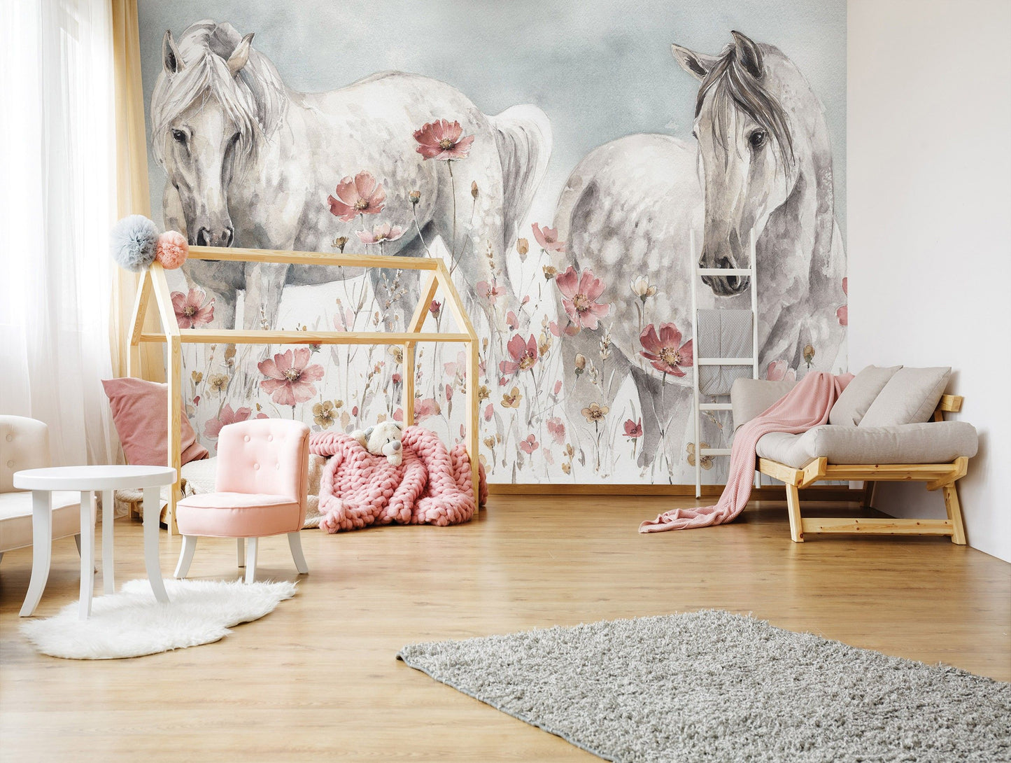 Fototapete-VLIES-PFERDE-(C14918)-Tapete-Nach-Maß-Wald Tier Pony Kind Spielzimmer XXL