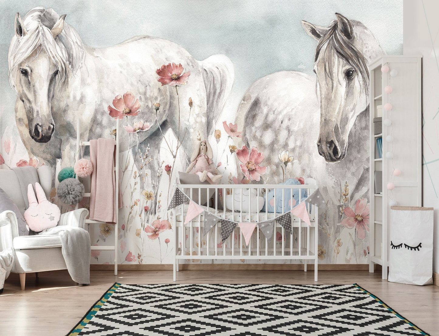 Fototapete-VLIES-PFERDE-(C14918)-Tapete-Nach-Maß-Wald Tier Pony Kind Spielzimmer XXL
