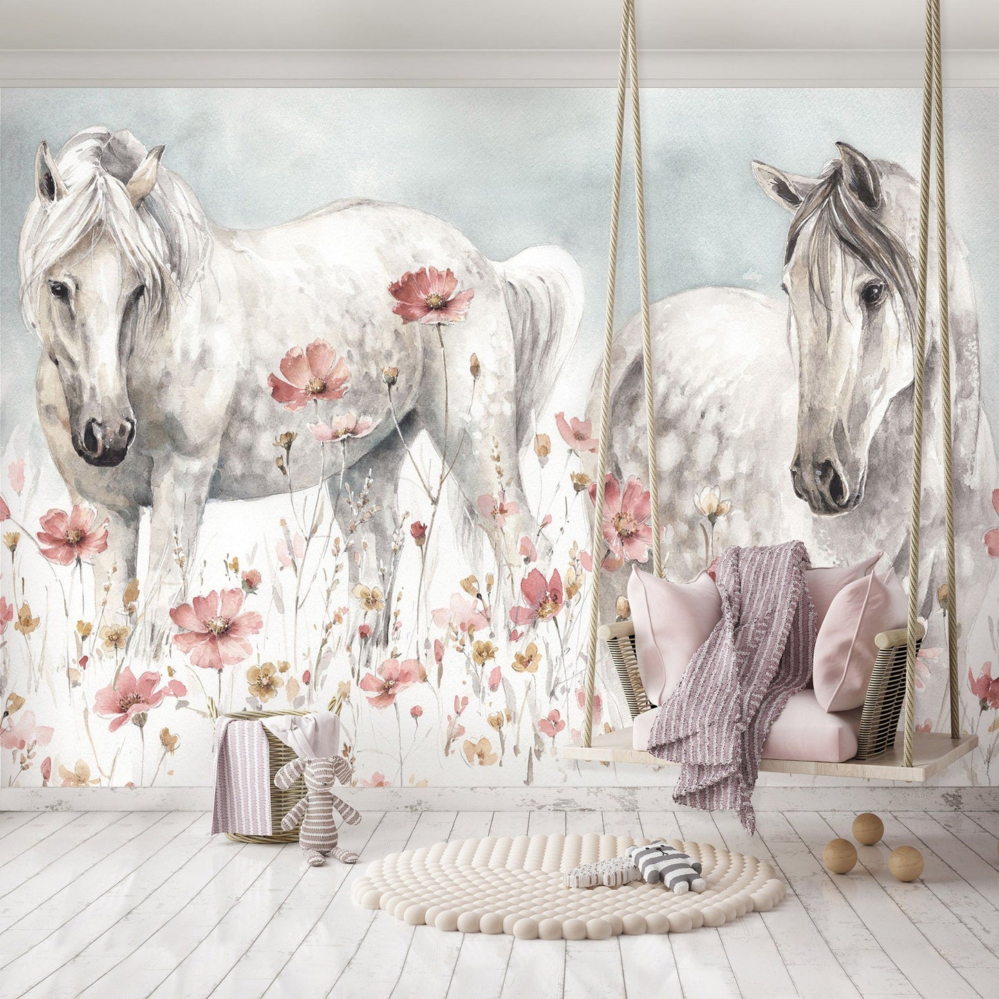 Fototapete-VLIES-PFERDE-(C14918)-Tapete-Nach-Maß-Wald Tier Pony Kind Spielzimmer XXL