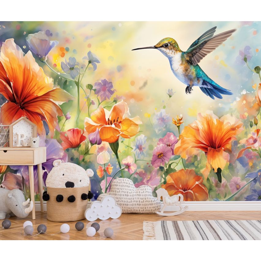 Fototapete-VLIES-COLIBRI-BLUMEN-(C15017)-Tapete-Nach-Mass-Kinder Spielzimmer XXL