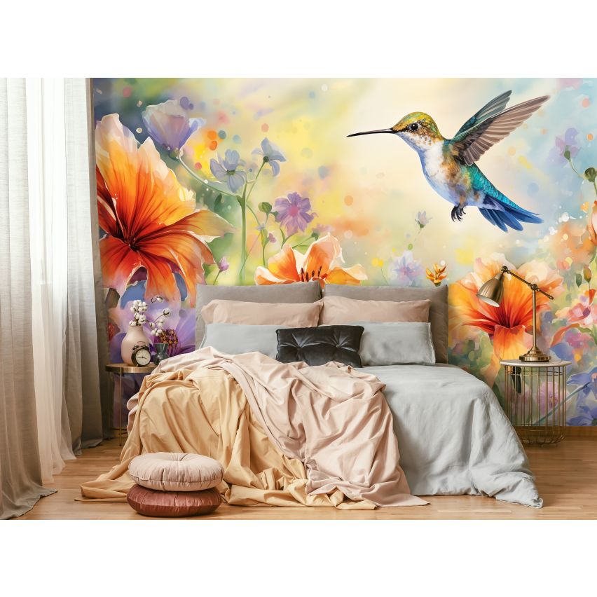 Fototapete-VLIES-COLIBRI-BLUMEN-(C15017)-Tapete-Nach-Mass-Kinder Spielzimmer XXL