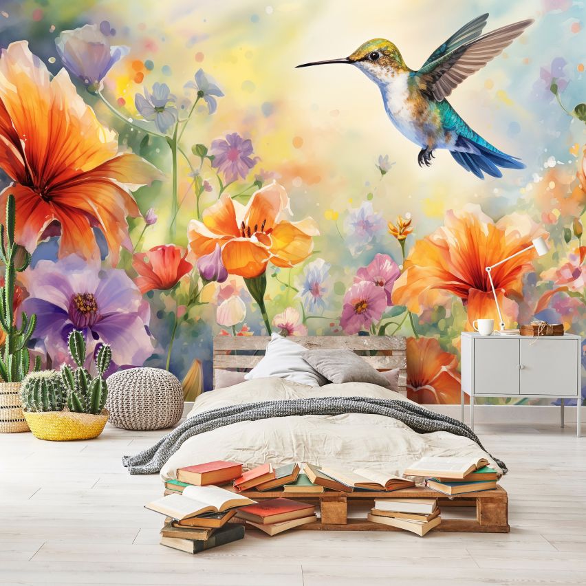 Fototapete-VLIES-COLIBRI-BLUMEN-(C15017)-Tapete-Nach-Mass-Kinder Spielzimmer XXL