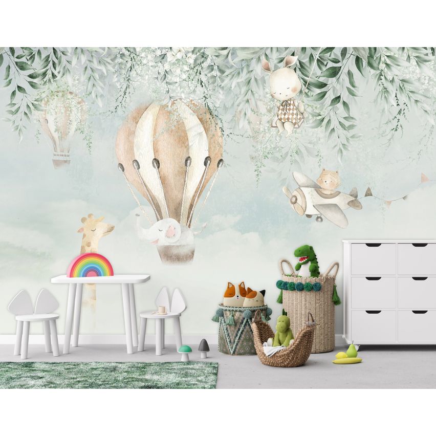 Fototapete-VLIES-BABY TIERE FRUNDE -(C15199)-Tapete-Nach-Mass-Vliestapete-Luftballon Kind Spielzimmer XXL