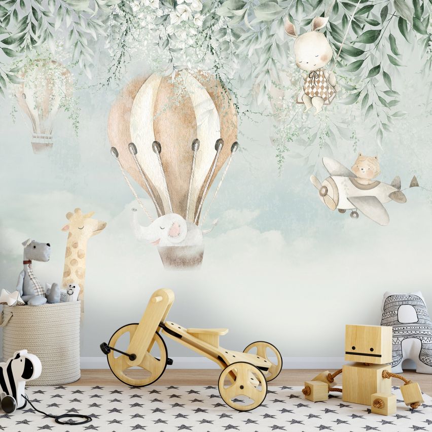 Fototapete-VLIES-BABY TIERE FRUNDE -(C15199)-Tapete-Nach-Mass-Vliestapete-Luftballon Kind Spielzimmer XXL