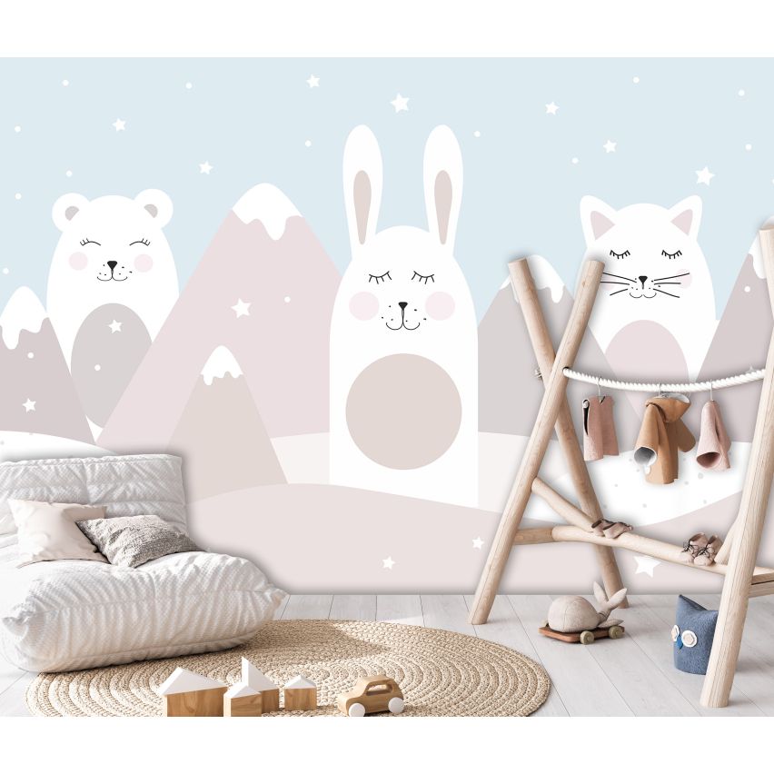 Fototapete-VLIES-KANINCHEN UND BÄREN-(C15202)-Tapete-Nach-Mass-Vliestapete-Winter Kind Spielzimmer XXL