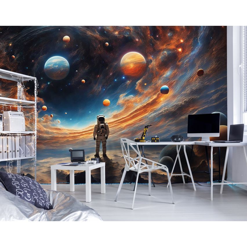 Fototapete ASTRONAUT BEI DER ARBEIT-(C15331) - Vliestapete-Planeten Mond Wolken Sterne Galaxie Kind Spielzimmer XXL