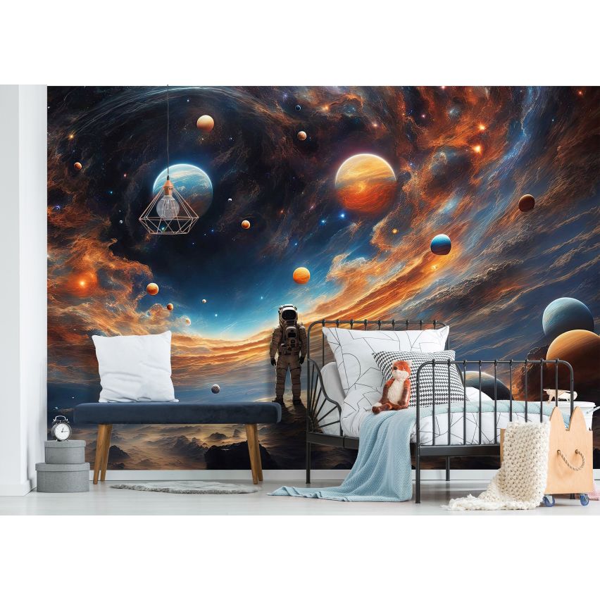 Fototapete ASTRONAUT BEI DER ARBEIT-(C15331) - Vliestapete-Planeten Mond Wolken Sterne Galaxie Kind Spielzimmer XXL
