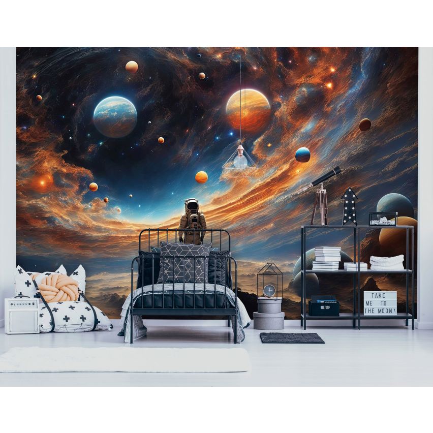 Fototapete ASTRONAUT BEI DER ARBEIT-(C15331) - Vliestapete-Planeten Mond Wolken Sterne Galaxie Kind Spielzimmer XXL