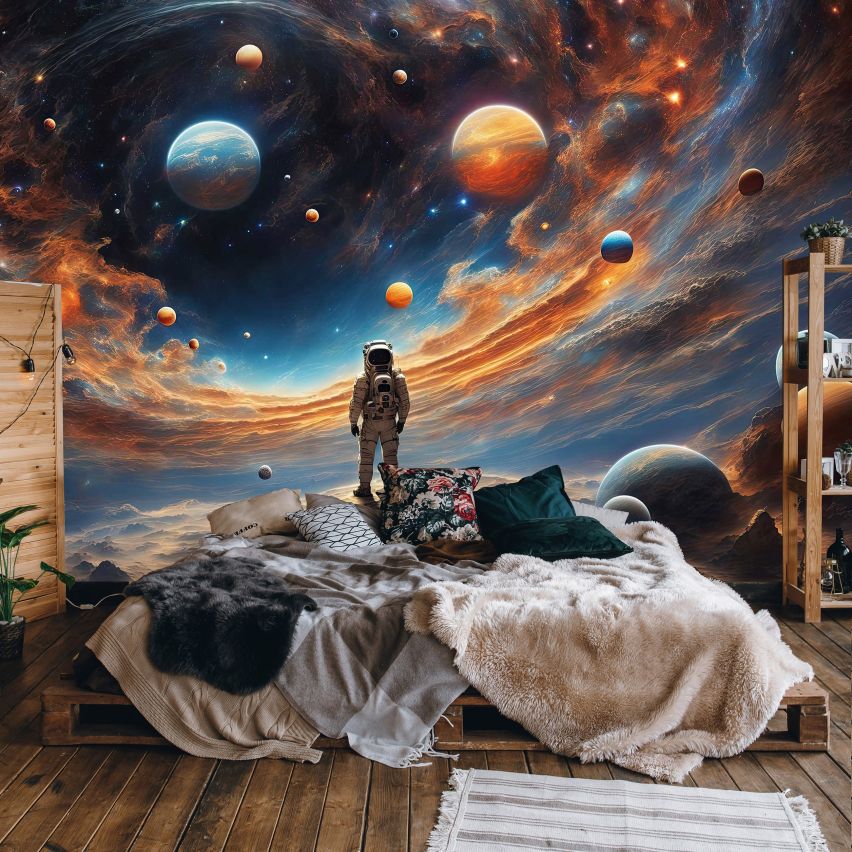 Fototapete ASTRONAUT BEI DER ARBEIT-(C15331) - Vliestapete-Planeten Mond Wolken Sterne Galaxie Kind Spielzimmer XXL