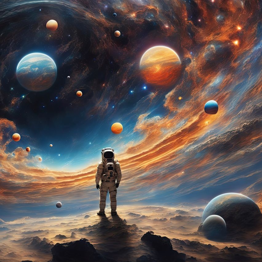 Fototapete ASTRONAUT BEI DER ARBEIT-(C15331) - Vliestapete-Planeten Mond Wolken Sterne Galaxie Kind Spielzimmer XXL