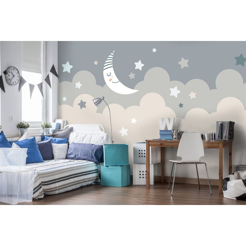 Fototapete NACHT HIMMEL-(C15336) - Vliestapete-Mond Wolken Sterne Kind Kids Blaue Spielzimmer XXL