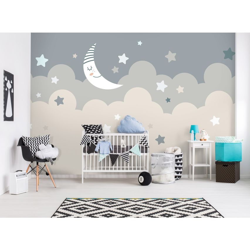 Fototapete NACHT HIMMEL-(C15336) - Vliestapete-Mond Wolken Sterne Kind Kids Blaue Spielzimmer XXL