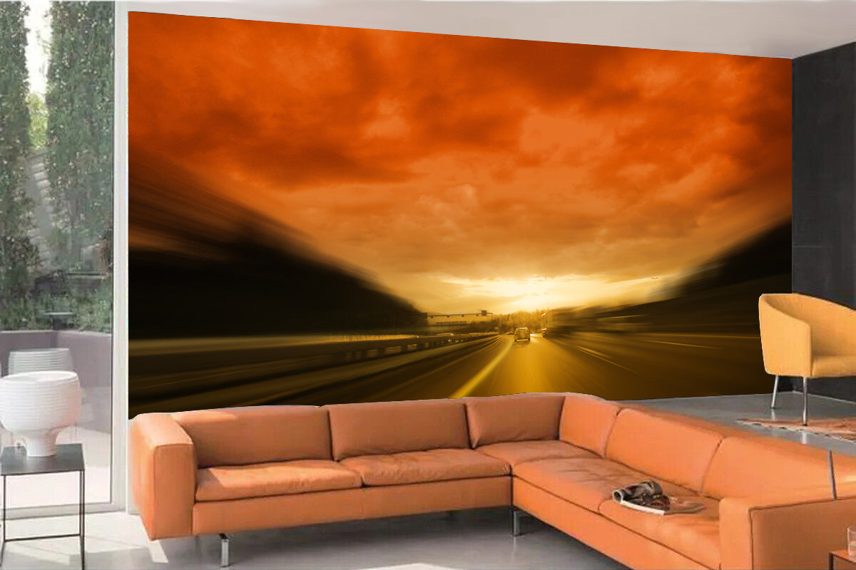 Fototapete VLIES-HIMMEL UND ERDE-(4031S)-Strasse Berg Orange Horizont XXL