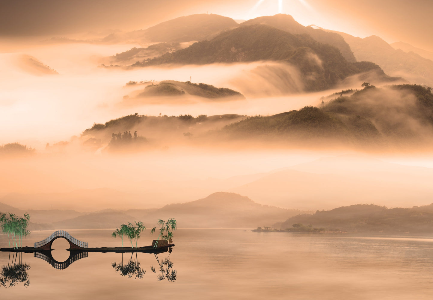 Photo Wall Mural-SUNSET JAPANISE MOUNT-(4121)-NON WOVEN-Wallpaper-Nature Sun XXL