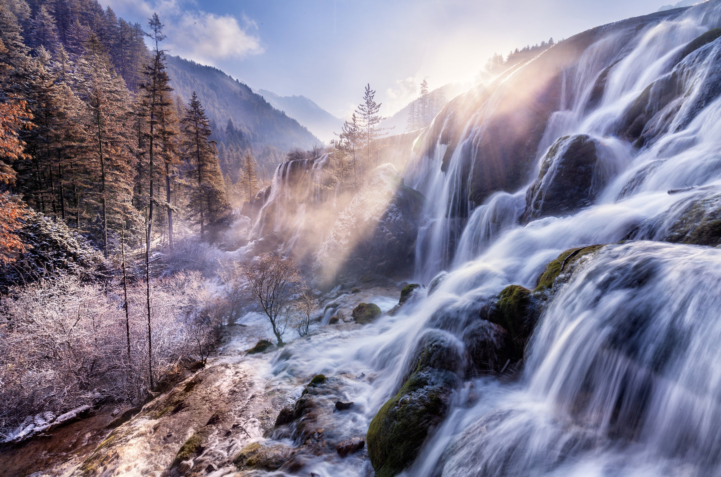 Fototapete-VLIES-SONNENUNTERGANG WASSERFALL-(6666S)-Wand-Tapete-Nach-Maß- XXL