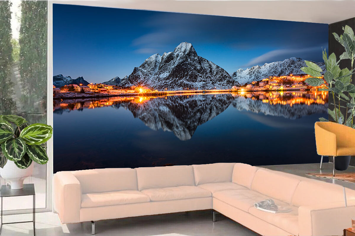 Fototapete-VLIES-BERG-DORF-(8211S)-Wand-Tapete-Nach-Maß-Licht bei Nacht Alps XXL