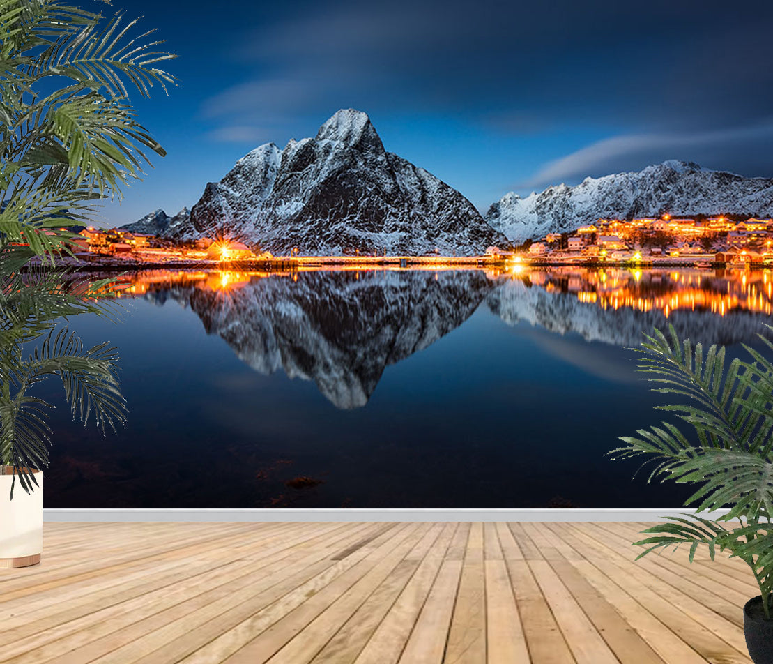 Fototapete-VLIES-BERG-DORF-(8211S)-Wand-Tapete-Nach-Maß-Licht bei Nacht Alps XXL