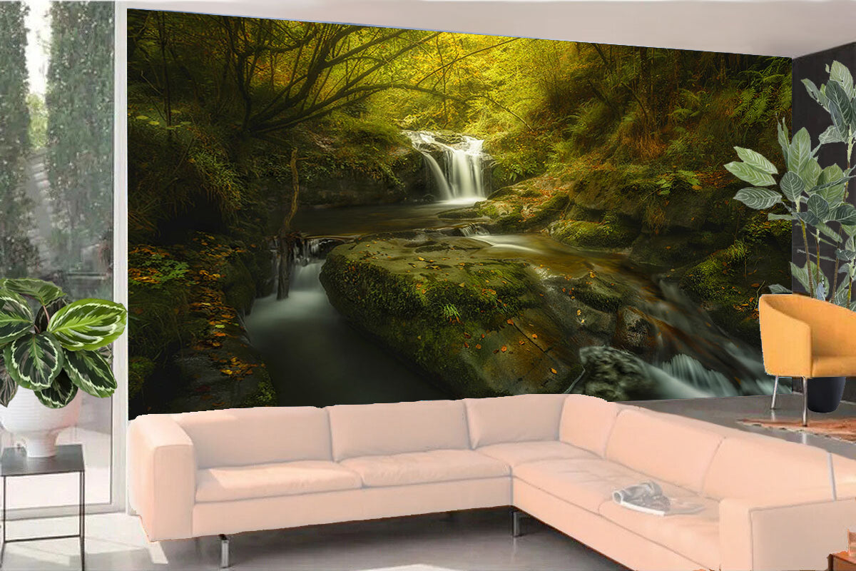 Fototapete-VLIES-WALD-(8212S)-Wand-Tapete-Nach-Maß-Waldfläche Wasserstrom XXL