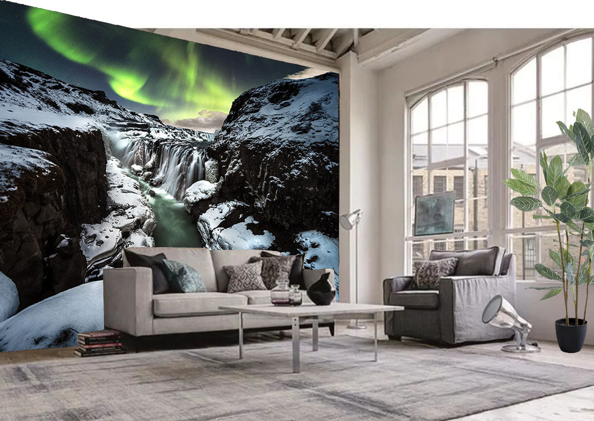 Fototapete-VLIES-WASSERFALL-(8225S)-Wand-Tapete-Nach-Maß-Nordlicht Gebirge XXL