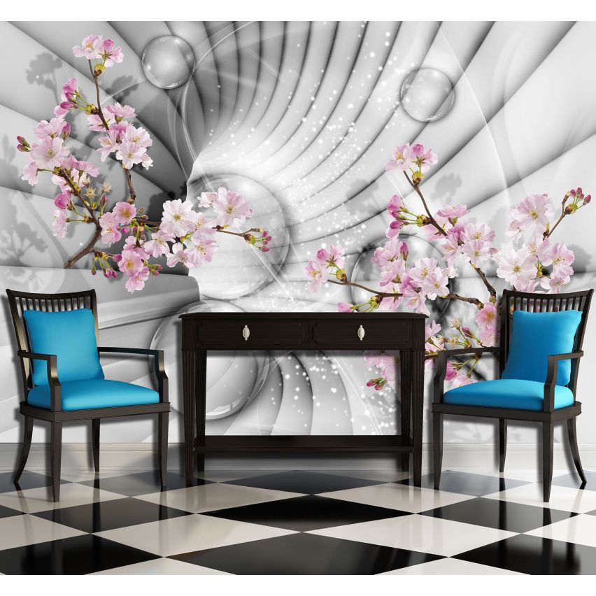 Fototapete-VLIES-3D TUNNEL-(C10200)-Tapete-Nach-Maß-Rosa Blüte Schwimmend Glas-Bälle Serpentin XXL