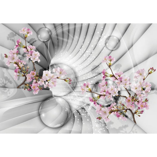 Fototapete-VLIES-3D TUNNEL-(C10200)-Tapete-Nach-Maß-Rosa Blüte Schwimmend Glas-Bälle Serpentin XXL