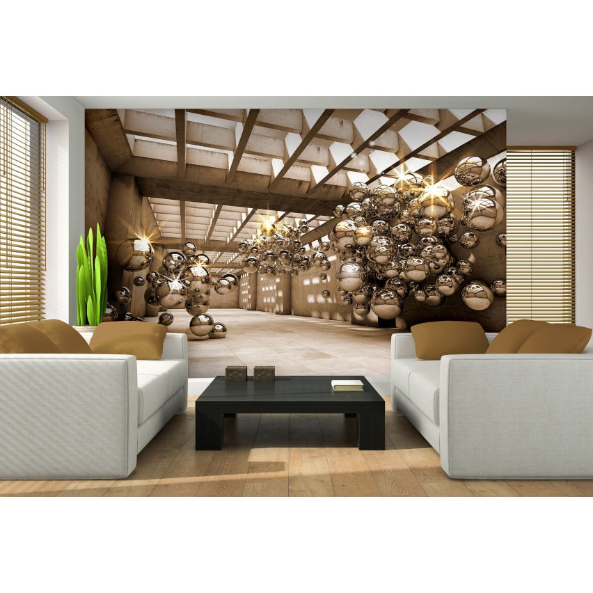Photo Wall Mural-3D TUNEL-(10396)-NON WOVEN-Wallpaper-Abstract Metal Balls Floating Gold XXL