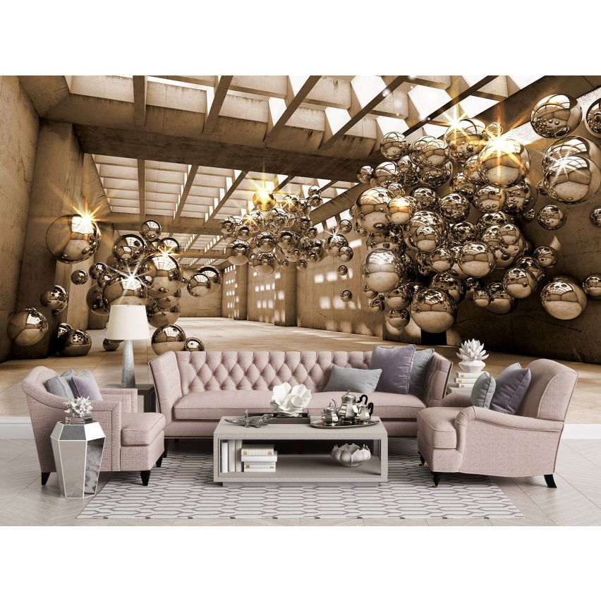 Photo Wall Mural-3D TUNEL-(10396)-NON WOVEN-Wallpaper-Abstract Metal Balls Floating Gold XXL