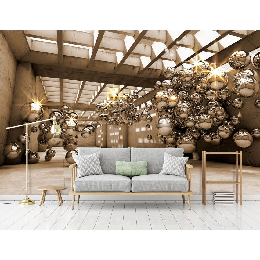 Photo Wall Mural-3D TUNEL-(10396)-NON WOVEN-Wallpaper-Abstract Metal Balls Floating Gold XXL