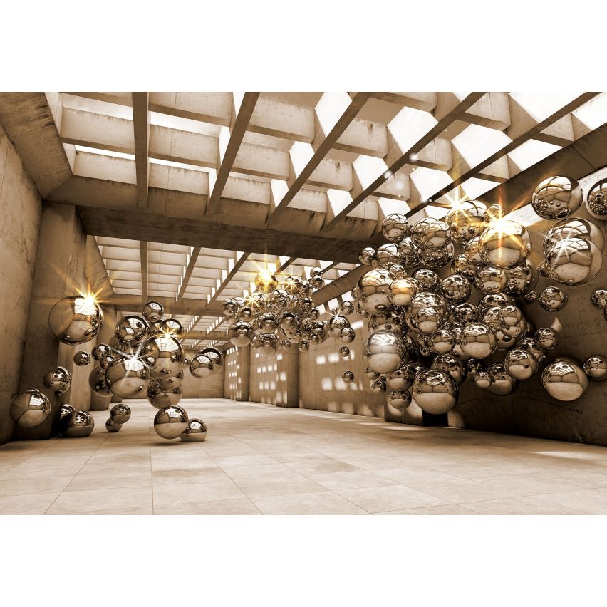 Photo Wall Mural-3D TUNEL-(10396)-NON WOVEN-Wallpaper-Abstract Metal Balls Floating Gold XXL