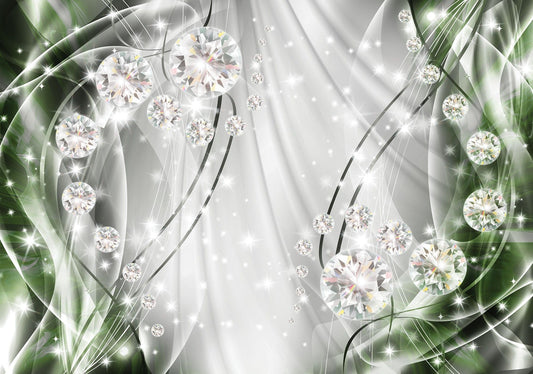 Fototapete-VLIES-DIAMONDS AND PEARLS-(C10405)-Tapete-Nach-Maß-Grün Gold Silber Muster Crystal Strukturen XXL