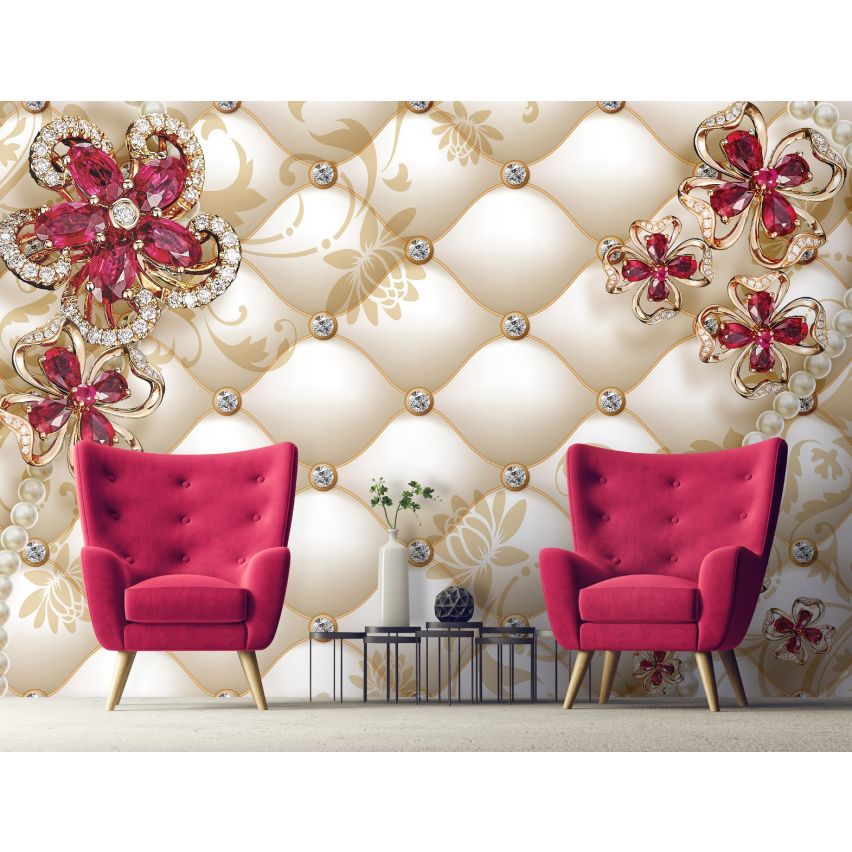 Fototapete-VLIES-DIAMONDS AND PEARLS-(C12060)-Tapete-Nach-Maß-Blumen Gold Silber Muster Crystal Strukturen XXL