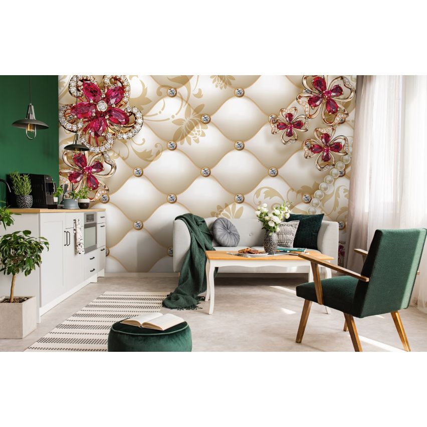 Fototapete-VLIES-DIAMONDS AND PEARLS-(C12060)-Tapete-Nach-Maß-Blumen Gold Silber Muster Crystal Strukturen XXL