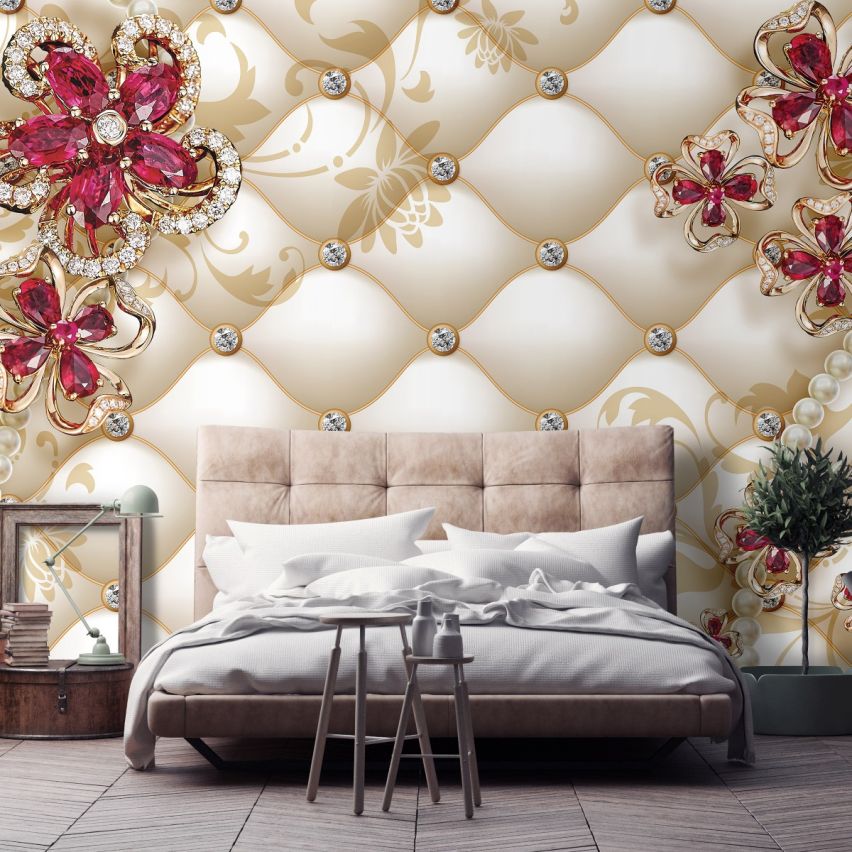 Fototapete-VLIES-DIAMONDS AND PEARLS-(C12060)-Tapete-Nach-Maß-Blumen Gold Silber Muster Crystal Strukturen XXL