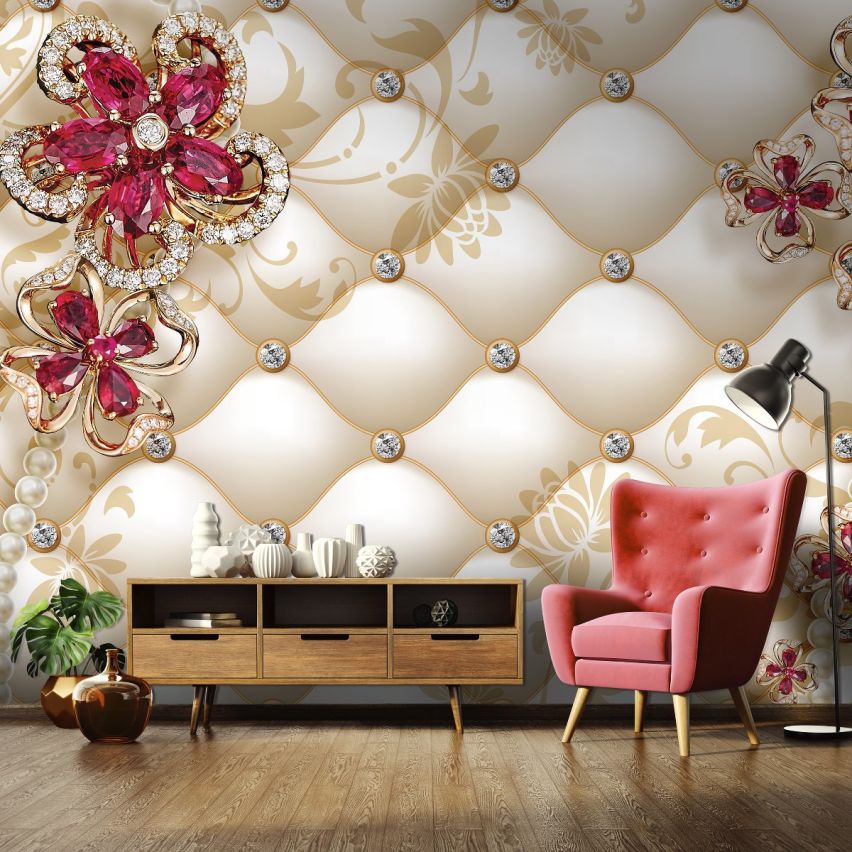 Fototapete-VLIES-DIAMONDS AND PEARLS-(C12060)-Tapete-Nach-Maß-Blumen Gold Silber Muster Crystal Strukturen XXL