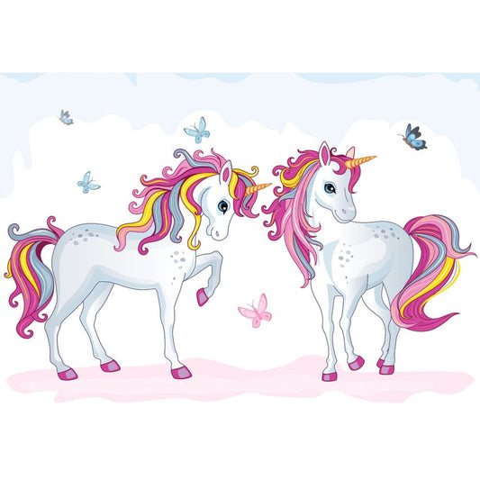 Fototapete EINHORN-(C12550) - Vliestapete-Unicorn Pferd Kind Kids Farben XXL