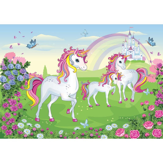 Fototapete EINHORN-(C13239) - Vliestapete-Unicorn Pferd Kind Kids Farben XXL