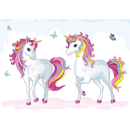 Fototapete EINHORN-(C13241) - Vliestapete-Unicorn Pferd Kind Kids Farben XXL